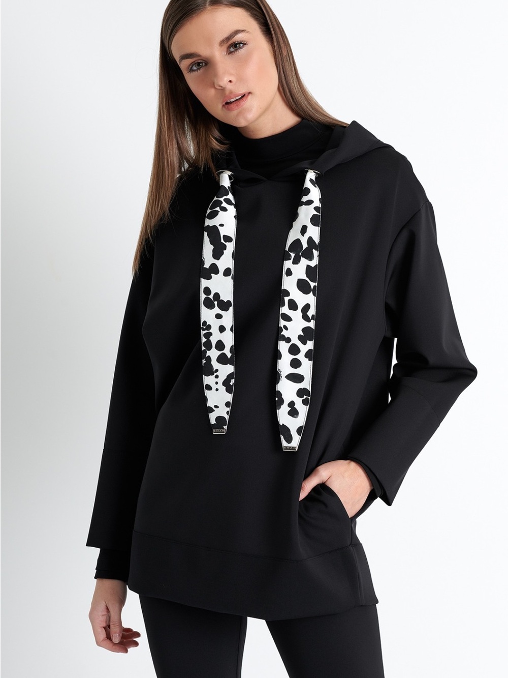 SHAN Black Hooded Pullover with Monochrome Printed Drawcords